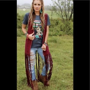 NEW Crazy Train Wine Fringe Studded Duster